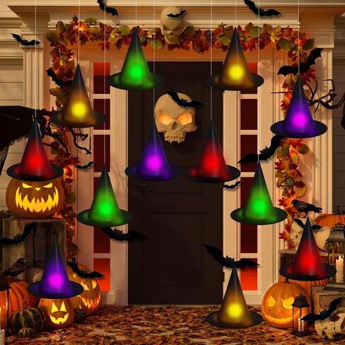 YUJUN 24PCS Colorful Hanging Witch Hats with 3D Bats - Indoor/Outdoor Halloween Decor in Saudi Arabia