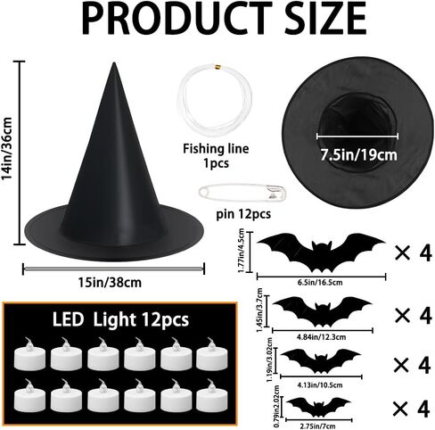 YUJUN 24PCS Colorful Hanging Witch Hats with 3D Bats - Indoor/Outdoor Halloween Decor in Saudi Arabia