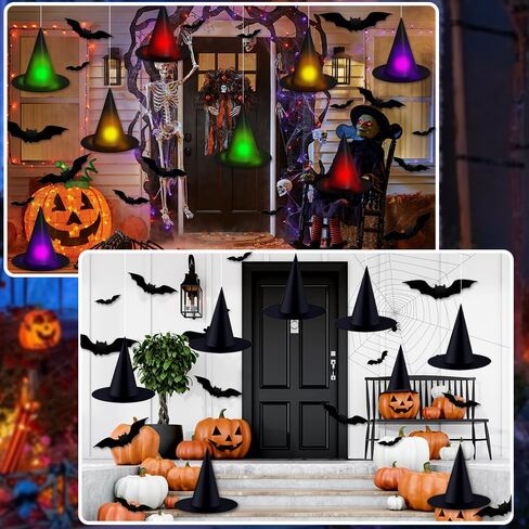 YUJUN 24PCS Colorful Hanging Witch Hats with 3D Bats - Indoor/Outdoor Halloween Decor in Saudi Arabia