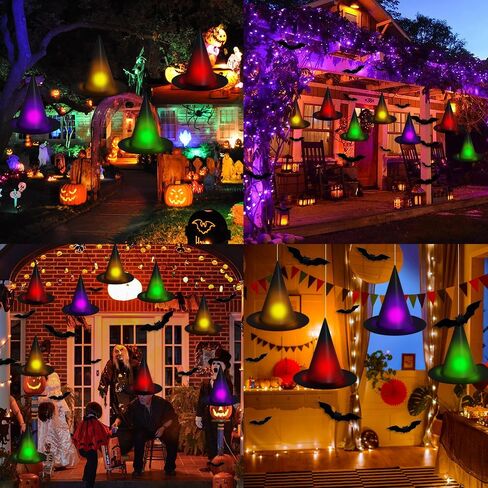 YUJUN 24PCS Colorful Hanging Witch Hats with 3D Bats - Indoor/Outdoor Halloween Decor in Saudi Arabia