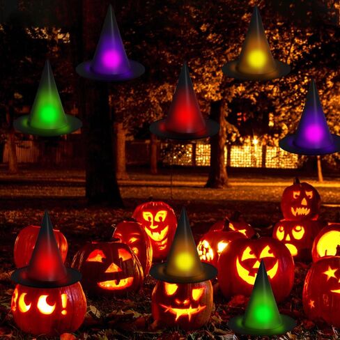 YUJUN 24PCS Colorful Hanging Witch Hats with 3D Bats - Indoor/Outdoor Halloween Decor in Saudi Arabia