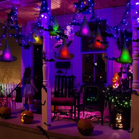 YUJUN 24PCS Colorful Hanging Witch Hats with 3D Bats - Indoor/Outdoor Halloween Decor in Saudi Arabia