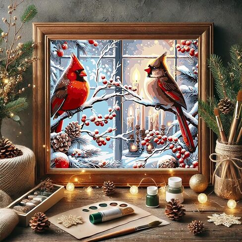 طلاء عيد الميلاد بواسطة أرقام الأرقام للمبتدئين المبتدئين ، DIY Red Bird Paint بأرقام أرقام ، طلاء أكريليك سهل اللون على مجموعات الطلاء شموع قماش ، ديكور الجدار المنزلي 12x 16 بوصة (بدون إطار) in Kuwait