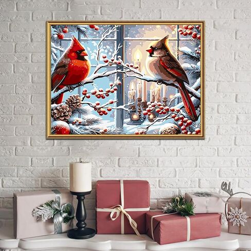 طلاء عيد الميلاد بواسطة أرقام الأرقام للمبتدئين المبتدئين ، DIY Red Bird Paint بأرقام أرقام ، طلاء أكريليك سهل اللون على مجموعات الطلاء شموع قماش ، ديكور الجدار المنزلي 12x 16 بوصة (بدون إطار) in Kuwait