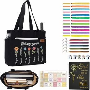 25 PCS Bible Study Supplies Kit ، حقيبة حمل كبيرة من القماش للنساء ، منظمات الكتاب المقدس والأقلام الجافة السريعة لا تنزف ، علامات تبويب للكتاب المقدس المتقاطع إكسسوارات اليومية المرجعية in Saudi Arabia