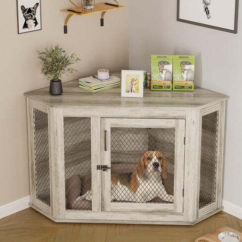 Pukami 44inch Corner Dog Crate Furniture ، أثاث بيت الكلب الخشبي مع شبكة ، منزل الكلب الخشبي المزخرف للاستخدام الداخلي ، للكلب الصغير/المتوسط/الكبير ، مثالي لغرفة محدودة in Kuwait