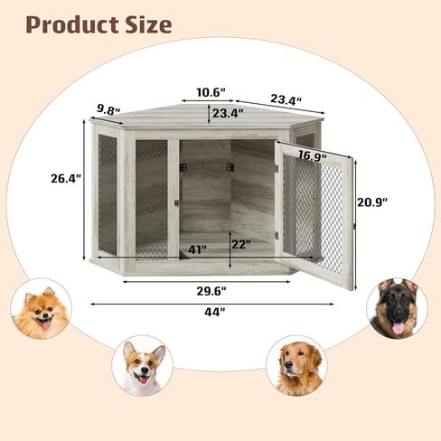 Pukami 44inch Corner Dog Crate Furniture ، أثاث بيت الكلب الخشبي مع شبكة ، منزل الكلب الخشبي المزخرف للاستخدام الداخلي ، للكلب الصغير/المتوسط/الكبير ، مثالي لغرفة محدودة in Kuwait