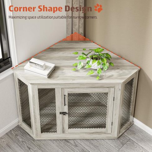 Pukami 44inch Corner Dog Crate Furniture ، أثاث بيت الكلب الخشبي مع شبكة ، منزل الكلب الخشبي المزخرف للاستخدام الداخلي ، للكلب الصغير/المتوسط/الكبير ، مثالي لغرفة محدودة in Kuwait