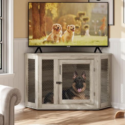 Pukami 44inch Corner Dog Crate Furniture ، أثاث بيت الكلب الخشبي مع شبكة ، منزل الكلب الخشبي المزخرف للاستخدام الداخلي ، للكلب الصغير/المتوسط/الكبير ، مثالي لغرفة محدودة in Kuwait