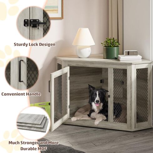 Pukami 44inch Corner Dog Crate Furniture ، أثاث بيت الكلب الخشبي مع شبكة ، منزل الكلب الخشبي المزخرف للاستخدام الداخلي ، للكلب الصغير/المتوسط/الكبير ، مثالي لغرفة محدودة in Kuwait