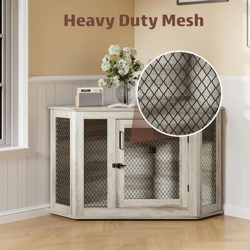 Pukami 44inch Corner Dog Crate Furniture ، أثاث بيت الكلب الخشبي مع شبكة ، منزل الكلب الخشبي المزخرف للاستخدام الداخلي ، للكلب الصغير/المتوسط/الكبير ، مثالي لغرفة محدودة in Kuwait