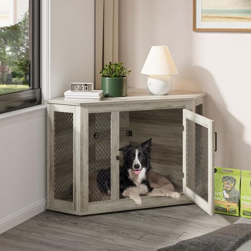 Pukami 44inch Corner Dog Crate Furniture ، أثاث بيت الكلب الخشبي مع شبكة ، منزل الكلب الخشبي المزخرف للاستخدام الداخلي ، للكلب الصغير/المتوسط/الكبير ، مثالي لغرفة محدودة in Kuwait