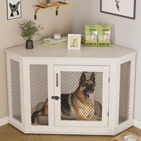 Pukami 44inch Corner Dog Crate Furniture ، أثاث بيت الكلب الخشبي مع شبكة ، منزل الكلب الخشبي المزخرف للاستخدام الداخلي ، للكلب الصغير/المتوسط/الكبير ، مثالي لغرفة محدودة in Kuwait
