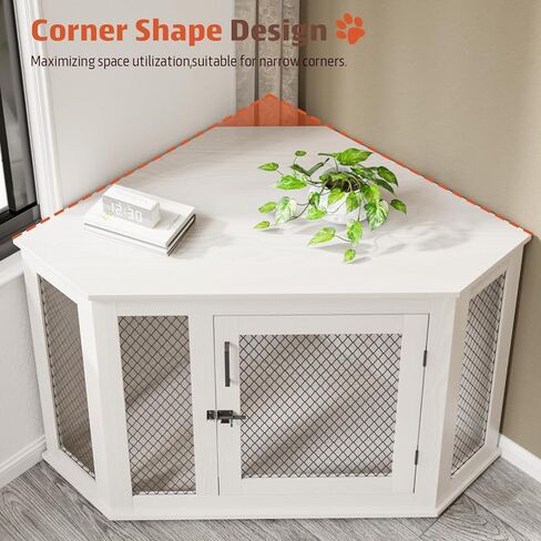 Pukami 44inch Corner Dog Crate Furniture ، أثاث بيت الكلب الخشبي مع شبكة ، منزل الكلب الخشبي المزخرف للاستخدام الداخلي ، للكلب الصغير/المتوسط/الكبير ، مثالي لغرفة محدودة in Kuwait