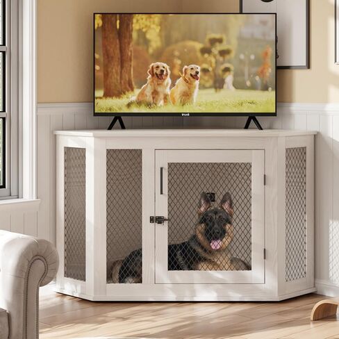 Pukami 44inch Corner Dog Crate Furniture ، أثاث بيت الكلب الخشبي مع شبكة ، منزل الكلب الخشبي المزخرف للاستخدام الداخلي ، للكلب الصغير/المتوسط/الكبير ، مثالي لغرفة محدودة in Kuwait