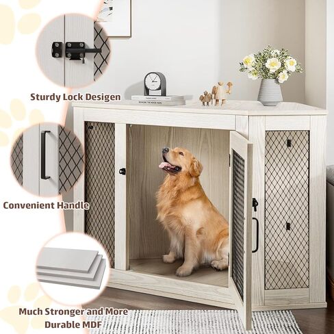 Pukami 44inch Corner Dog Crate Furniture ، أثاث بيت الكلب الخشبي مع شبكة ، منزل الكلب الخشبي المزخرف للاستخدام الداخلي ، للكلب الصغير/المتوسط/الكبير ، مثالي لغرفة محدودة in Kuwait