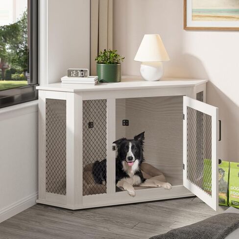 Pukami 44inch Corner Dog Crate Furniture ، أثاث بيت الكلب الخشبي مع شبكة ، منزل الكلب الخشبي المزخرف للاستخدام الداخلي ، للكلب الصغير/المتوسط/الكبير ، مثالي لغرفة محدودة in Kuwait