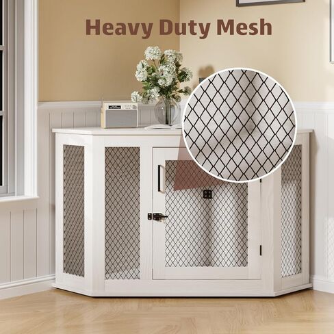 Pukami 44inch Corner Dog Crate Furniture ، أثاث بيت الكلب الخشبي مع شبكة ، منزل الكلب الخشبي المزخرف للاستخدام الداخلي ، للكلب الصغير/المتوسط/الكبير ، مثالي لغرفة محدودة in Kuwait