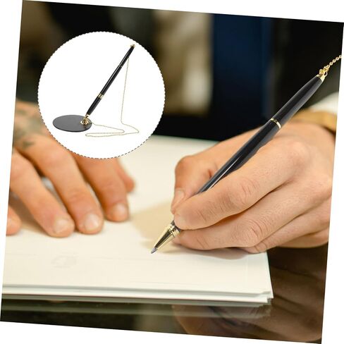 Secure Desktop Pen with Chain and Adhesive Base Multi Function Business Writing Pen for Bank Counters and Office Use Abs Stainless Steel Construction Quick Dry Ink Black with Gold in Saudi Arabia