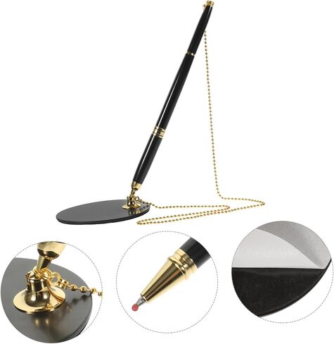 Secure Desktop Pen with Chain and Adhesive Base Multi Function Business Writing Pen for Bank Counters and Office Use Abs Stainless Steel Construction Quick Dry Ink Black with Gold in Saudi Arabia