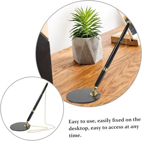 Secure Desktop Pen with Chain and Adhesive Base Multi Function Business Writing Pen for Bank Counters and Office Use Abs Stainless Steel Construction Quick Dry Ink Black with Gold in Saudi Arabia