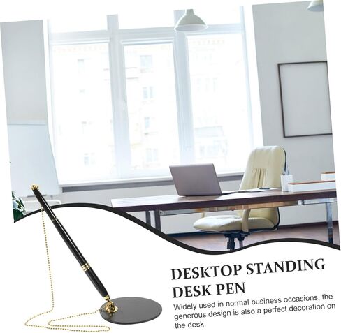 Secure Desktop Pen with Chain and Adhesive Base Multi Function Business Writing Pen for Bank Counters and Office Use Abs Stainless Steel Construction Quick Dry Ink Black with Gold in Saudi Arabia