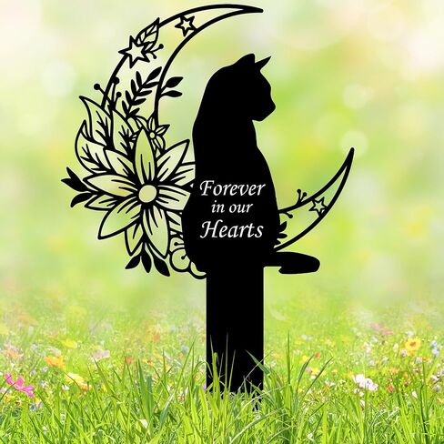 Cat Grave Marker Outdoor Memorial – 12in Metal Pet Memorial Plaque with Garden Moon Cat, Weatherproof Headstone for Yard or Indoor Tribute, Sympathy Gift for Loss of Pet in Saudi Arabia