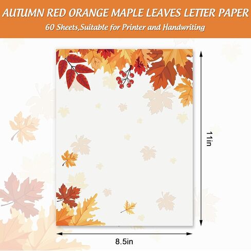 AnyDesign 60 Sheets Fall Stationery Letterhead Paper Autumn Maple Leaves Letter Writing Paper for Thanksgiving Wedding Invitation Printing Notes, 8.5 x 11 Inch, Single-Sided in Saudi Arabia