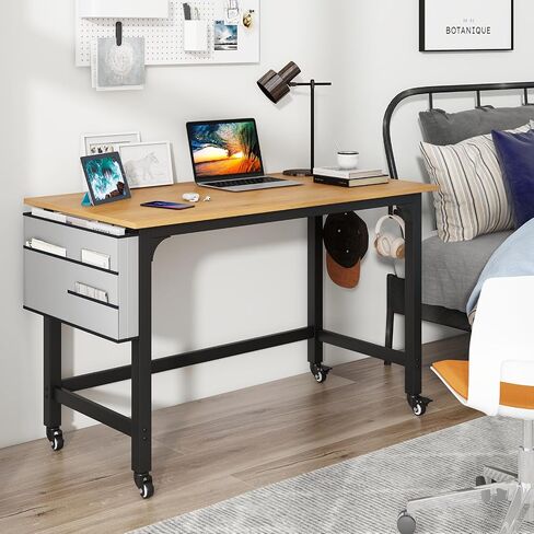 GOFLAME 4ft Conference Table, Mobile Home Office Computer Desk, Meeting Room Table w/Detachable Storage Bag & 2 Headphone Hooks, Rolling Seminar Boardroom Table on Wheels, Black + Rustic Brown in Saudi Arabia