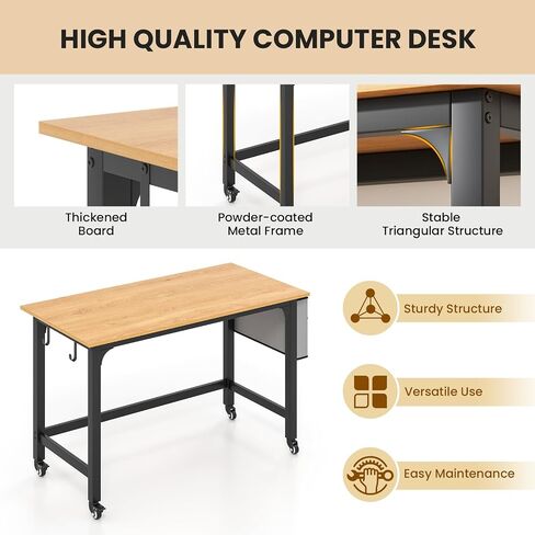 GOFLAME 4ft Conference Table, Mobile Home Office Computer Desk, Meeting Room Table w/Detachable Storage Bag & 2 Headphone Hooks, Rolling Seminar Boardroom Table on Wheels, Black + Rustic Brown in Saudi Arabia