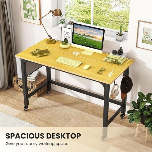 GOFLAME 4ft Conference Table, Mobile Home Office Computer Desk, Meeting Room Table w/Detachable Storage Bag & 2 Headphone Hooks, Rolling Seminar Boardroom Table on Wheels, Black + Rustic Brown in Saudi Arabia