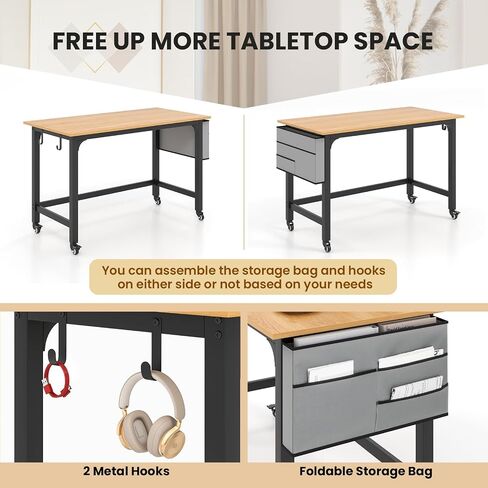 GOFLAME 4ft Conference Table, Mobile Home Office Computer Desk, Meeting Room Table w/Detachable Storage Bag & 2 Headphone Hooks, Rolling Seminar Boardroom Table on Wheels, Black + Rustic Brown in Saudi Arabia