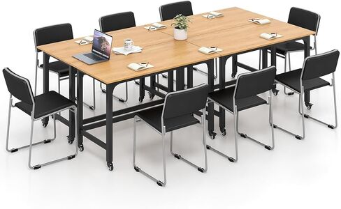 GOFLAME 4ft Conference Table, Mobile Home Office Computer Desk, Meeting Room Table w/Detachable Storage Bag & 2 Headphone Hooks, Rolling Seminar Boardroom Table on Wheels, Black + Rustic Brown in Saudi Arabia