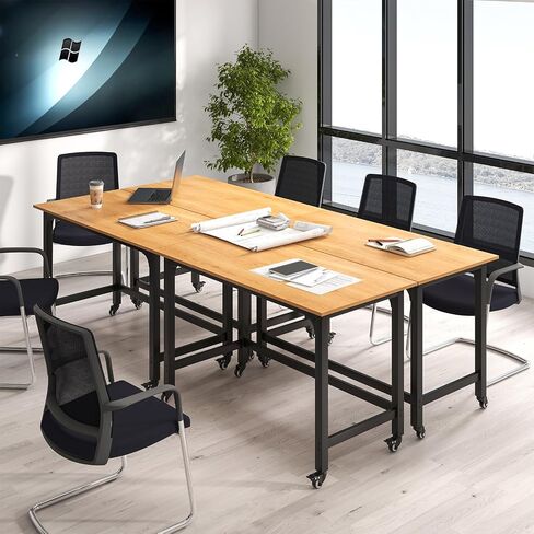 GOFLAME 4ft Conference Table, Mobile Home Office Computer Desk, Meeting Room Table w/Detachable Storage Bag & 2 Headphone Hooks, Rolling Seminar Boardroom Table on Wheels, Black + Rustic Brown in Saudi Arabia