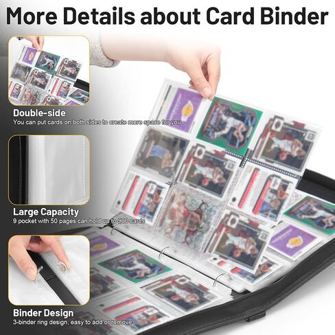 9 Pockets Trading Card Binder, HYMENEX 900 Pockets Baseball Card Binder with Sleeves and Zipper for Game Sports Cards and Kids Organized (Black) in Saudi Arabia