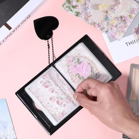 Mini Photocard Binder, 3 Inch Black Mini Photo Album Heart Hollow Card Binders with 32 Pockets Mirror-Like Photocard Binder with Pendant in Saudi Arabia