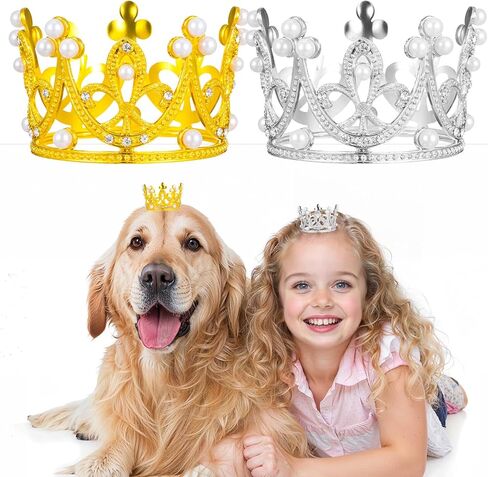 2pcs Pet Crown Crown Crown for Drage Dogs ، Gold Silver Rhinestone Faux Pearl Crown Tiara مع قبعة حزام قابلة للتعديل لحفل عيد ميلاد Photo Photo Prop in Kuwait