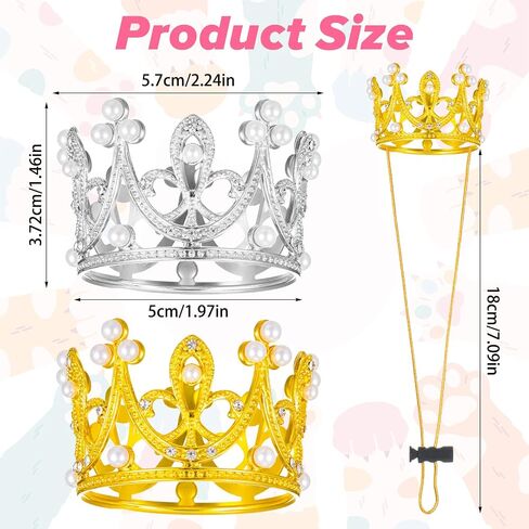 2pcs Pet Crown Crown Crown for Drage Dogs ، Gold Silver Rhinestone Faux Pearl Crown Tiara مع قبعة حزام قابلة للتعديل لحفل عيد ميلاد Photo Photo Prop in Kuwait