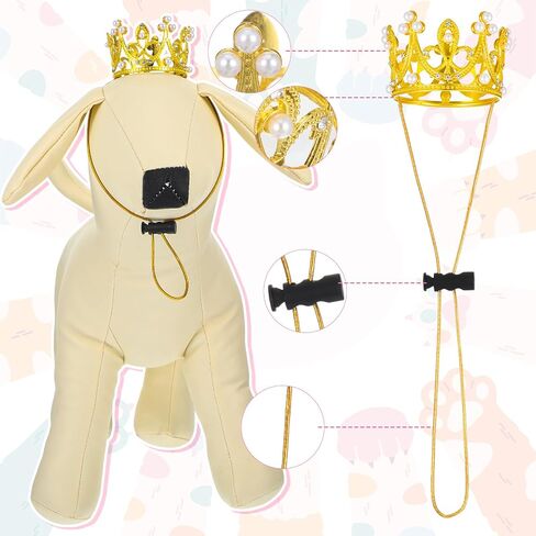 2pcs Pet Crown Crown Crown for Drage Dogs ، Gold Silver Rhinestone Faux Pearl Crown Tiara مع قبعة حزام قابلة للتعديل لحفل عيد ميلاد Photo Photo Prop in Kuwait