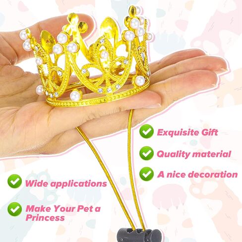 2pcs Pet Crown Crown Crown for Drage Dogs ، Gold Silver Rhinestone Faux Pearl Crown Tiara مع قبعة حزام قابلة للتعديل لحفل عيد ميلاد Photo Photo Prop in Kuwait