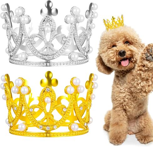 2pcs Pet Crown Crown Crown for Drage Dogs ، Gold Silver Rhinestone Faux Pearl Crown Tiara مع قبعة حزام قابلة للتعديل لحفل عيد ميلاد Photo Photo Prop in Kuwait