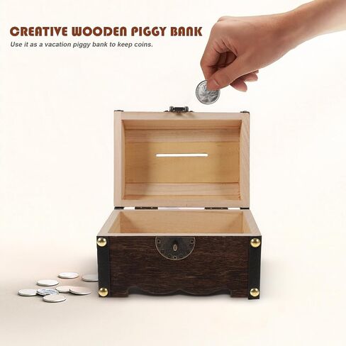 Nuobesty Piggy Bank ، 14x10cm عتيقة الكنز الخشبي صندوق الصدر الخشبي الأموال الادخار مربع JAR لتخزين العمود in Kuwait