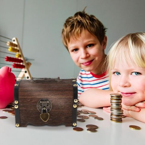 Nuobesty Piggy Bank ، 14x10cm عتيقة الكنز الخشبي صندوق الصدر الخشبي الأموال الادخار مربع JAR لتخزين العمود in Kuwait