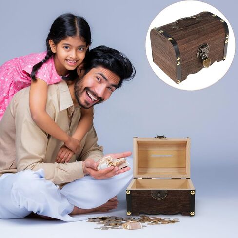Nuobesty Piggy Bank ، 14x10cm عتيقة الكنز الخشبي صندوق الصدر الخشبي الأموال الادخار مربع JAR لتخزين العمود in Kuwait