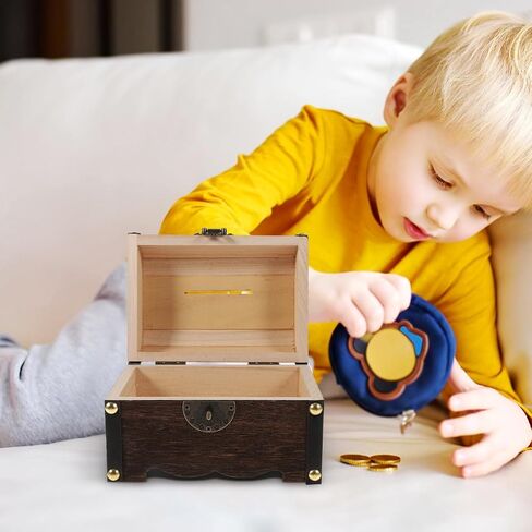 Nuobesty Piggy Bank ، 14x10cm عتيقة الكنز الخشبي صندوق الصدر الخشبي الأموال الادخار مربع JAR لتخزين العمود in Kuwait