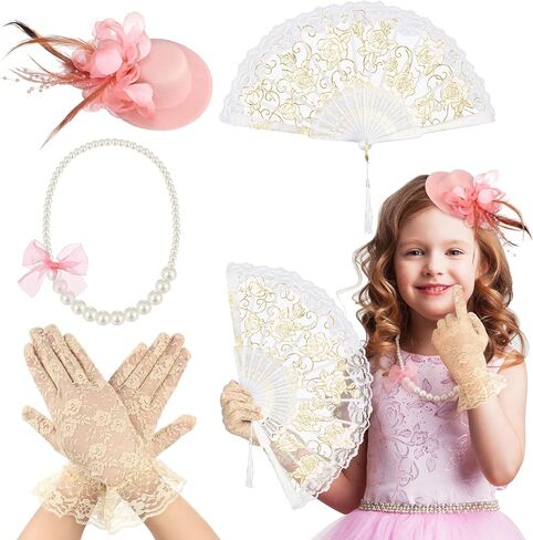 Sintege 4 PCS Girls Tea Party Set Girls Tea Party Associory قفازات القبعات قلادة مراوح للطفل in Saudi Arabia