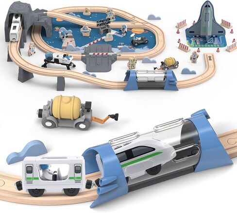 82 Pcs Wooden Train Set for Toddlers, Magnetic Train with Track for Kids Ages 3-6, Compatiable with Major Brands, Space Railway Playset Gifts for Boys and Girls Ages 3+ in Kuwait