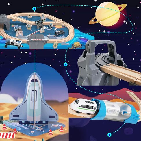 82 Pcs Wooden Train Set for Toddlers, Magnetic Train with Track for Kids Ages 3-6, Compatiable with Major Brands, Space Railway Playset Gifts for Boys and Girls Ages 3+ in Kuwait