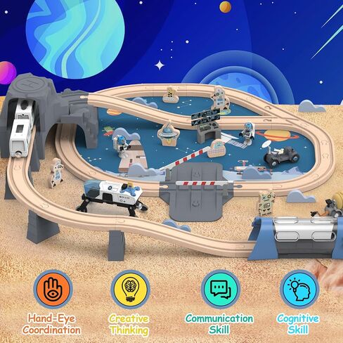 82 Pcs Wooden Train Set for Toddlers, Magnetic Train with Track for Kids Ages 3-6, Compatiable with Major Brands, Space Railway Playset Gifts for Boys and Girls Ages 3+ in Kuwait