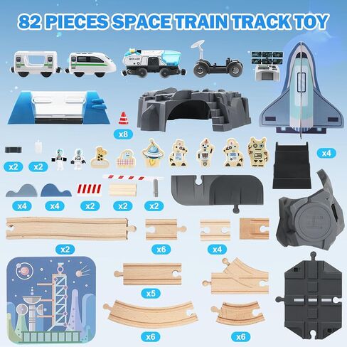 82 Pcs Wooden Train Set for Toddlers, Magnetic Train with Track for Kids Ages 3-6, Compatiable with Major Brands, Space Railway Playset Gifts for Boys and Girls Ages 3+ in Kuwait